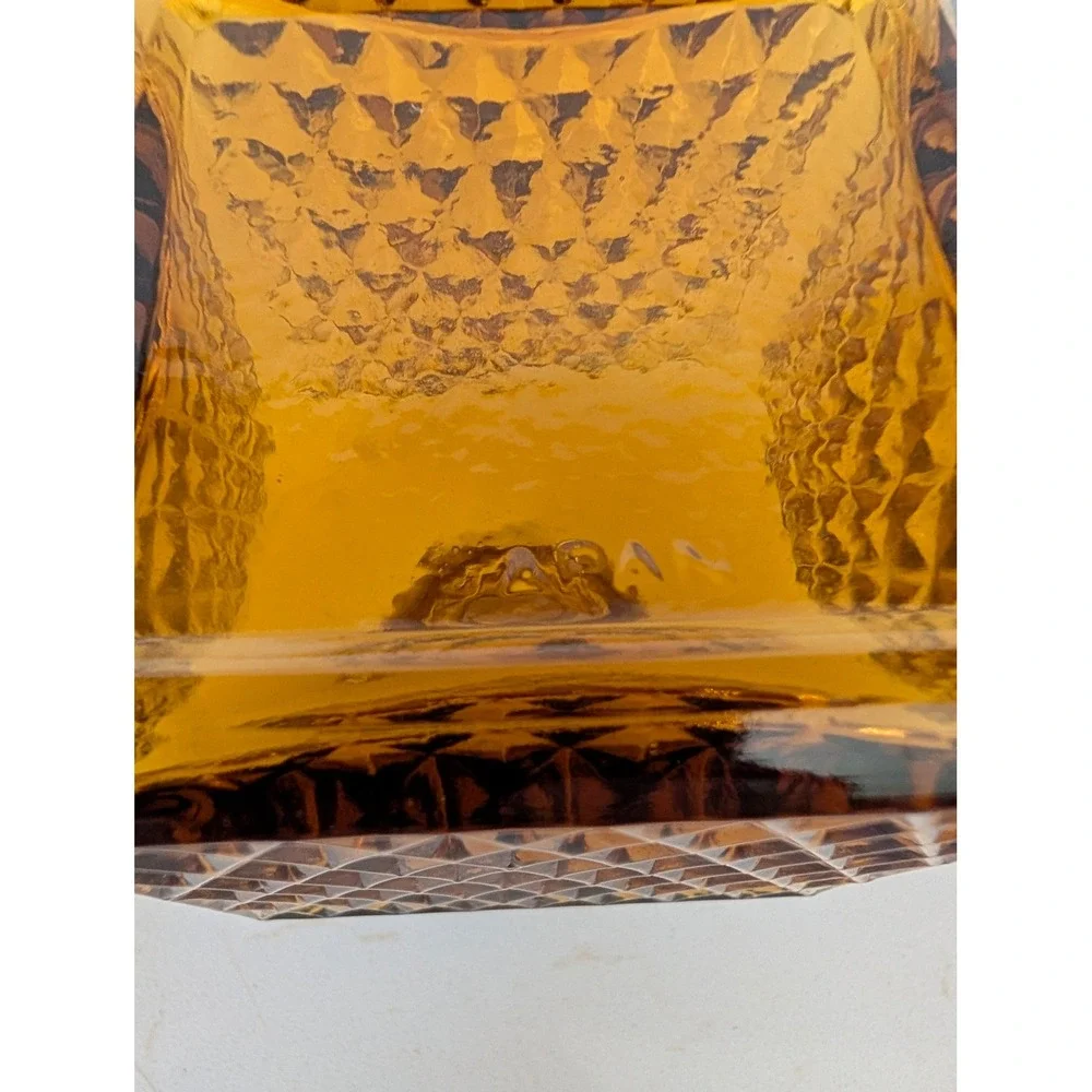Vintage Amber Glass Decanter Diamond Point Square Bottle with Stopper MCM Honey